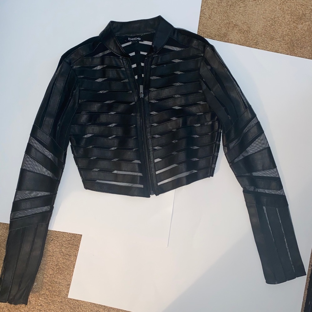 NWOT* BeBe Black Leather and Mesh cropped jacket